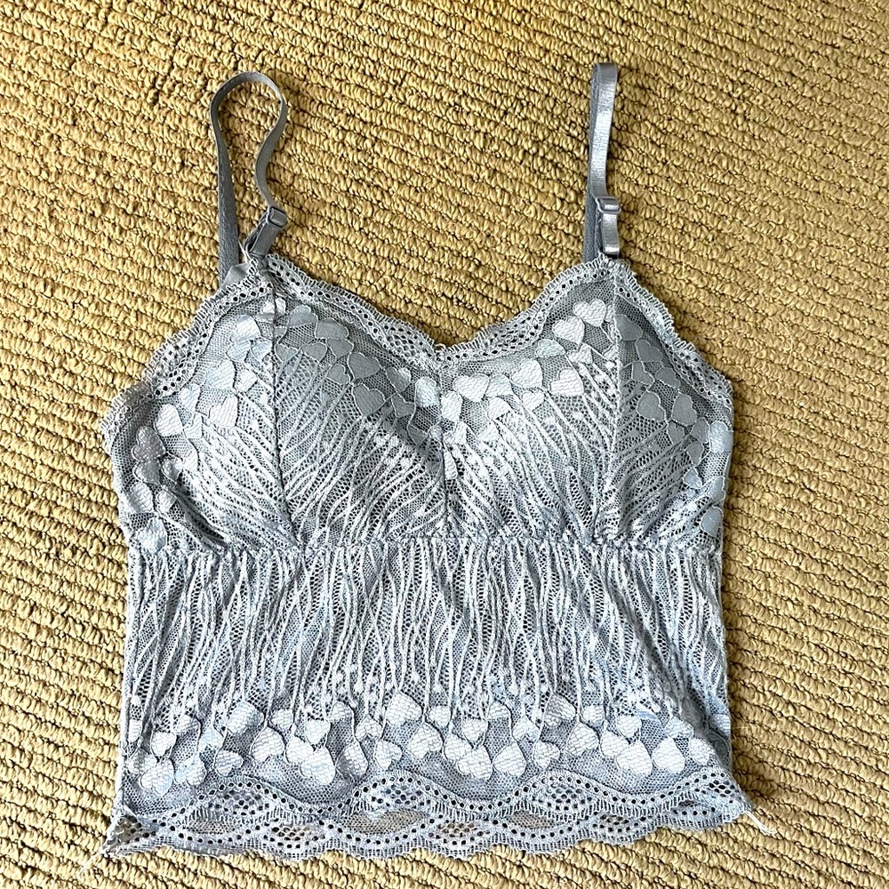 Baby Blue See-through Lace Spaghetti Bra Strap Longline Bralette Crop Shirt